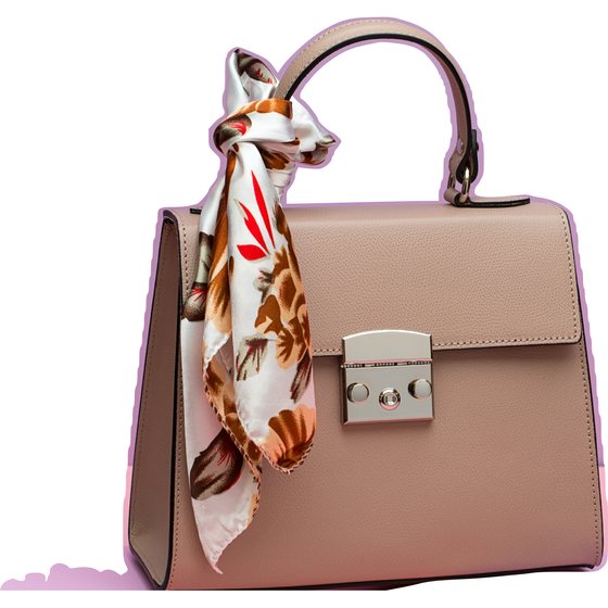 a tan handbag with a scarf