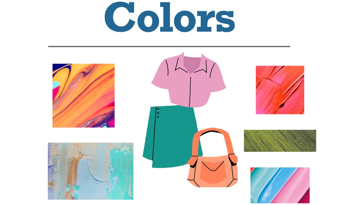 The Colors booklet’s own cover, titled “Colors”: a pink blouse, a teal skirt and an orange bag, among swatches of paint.