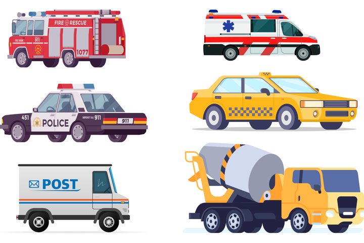 a fire engine, an ambulance, a police car, a taxi, a post van and a cement mixer
