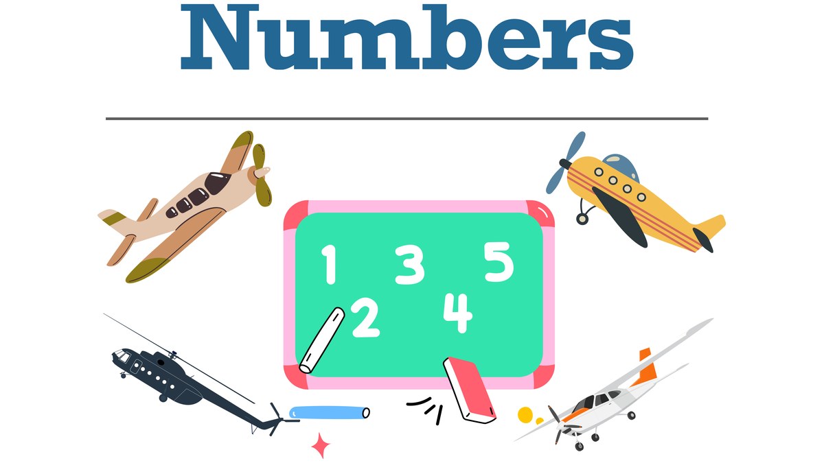 The Numbers booklet’s own cover: aeroplanes and a helicopter around a blackboard with 1 to 5 chalked on it.