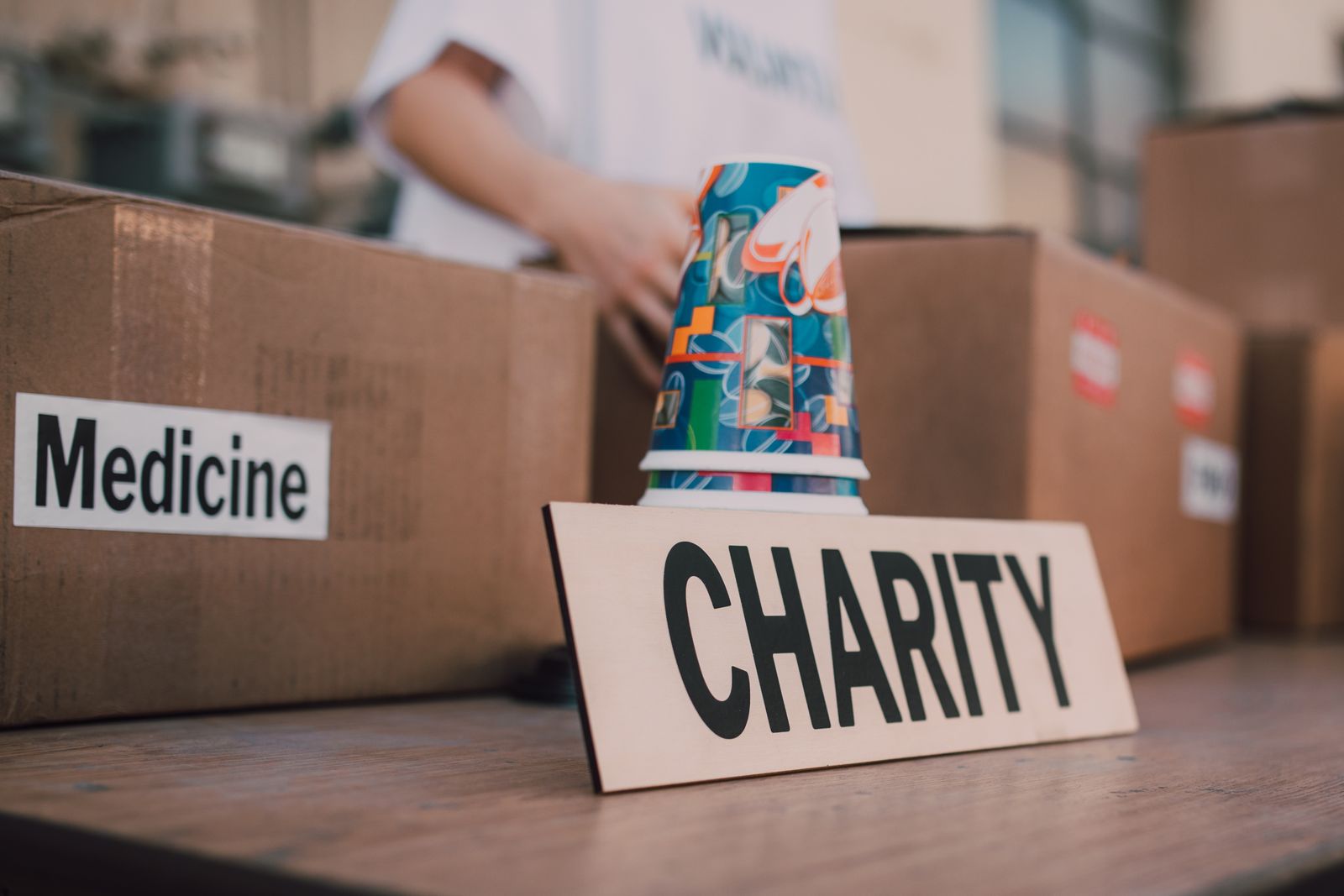 Boxes of medicine and supplies being packed for distribution